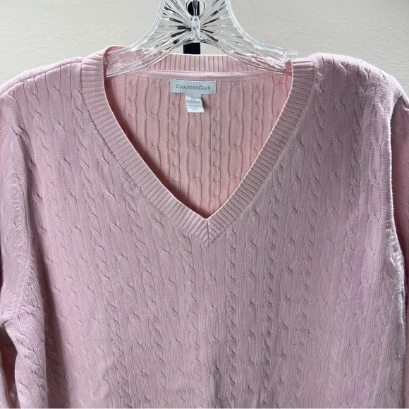 Vintage Pink Cable Knit Sweater 90s Charter Club Knitted V Neck Blouse Crewneck - Picture 5 of 17